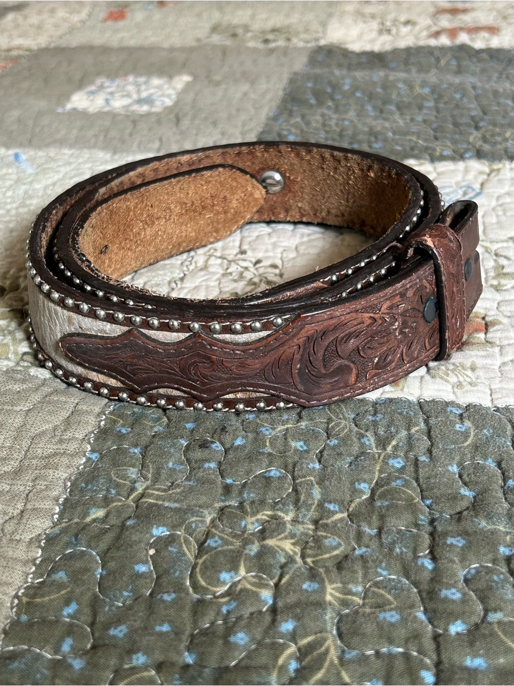 Tooled Brown Leather Belt with Silver Stud Trim